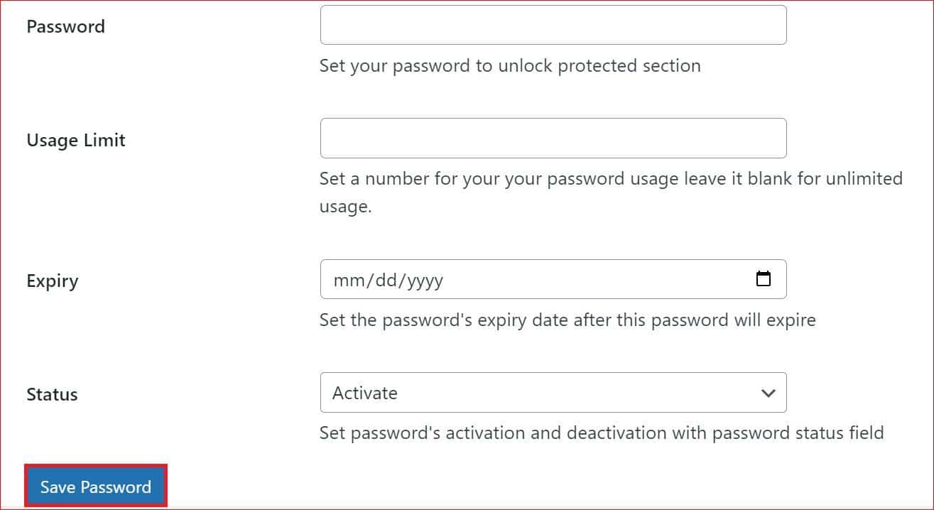 fields for configuring your page's password